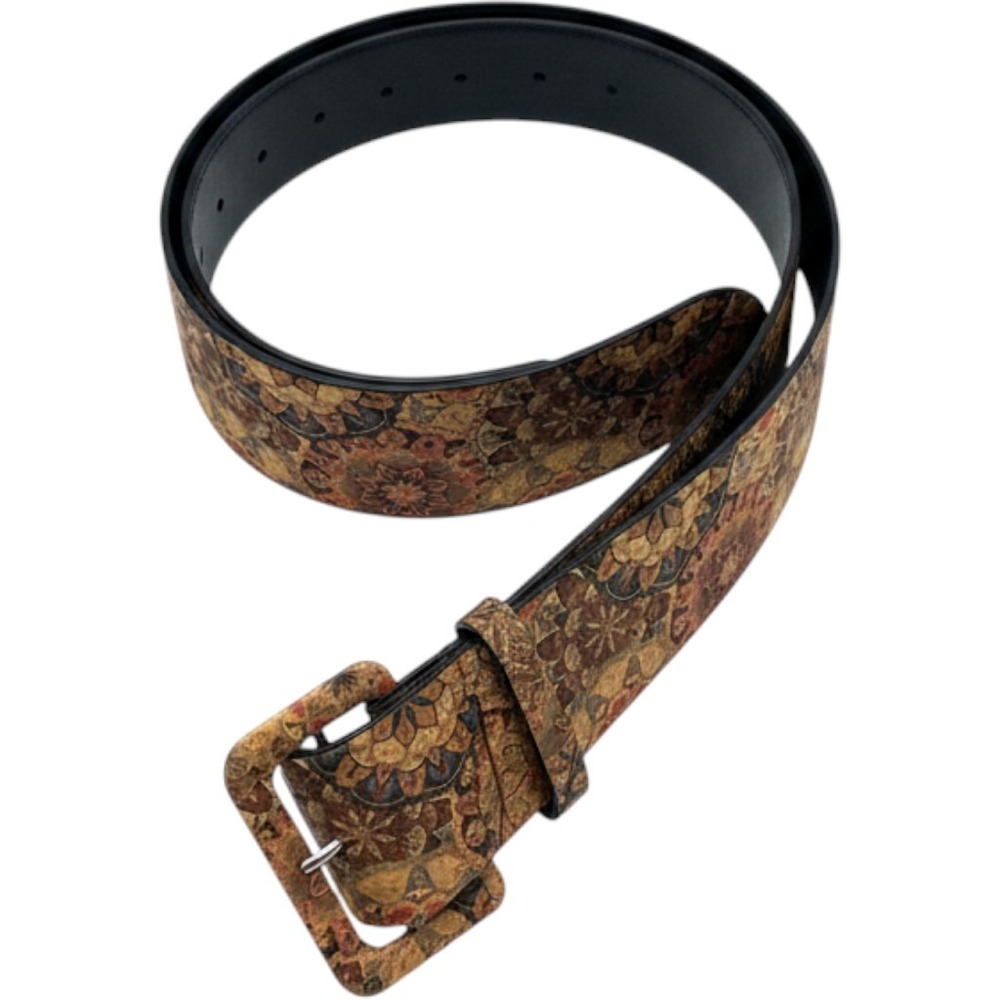 Floral Mandala Print Wide Cork Belt Boho Rectangular Buckle Statement Accessory